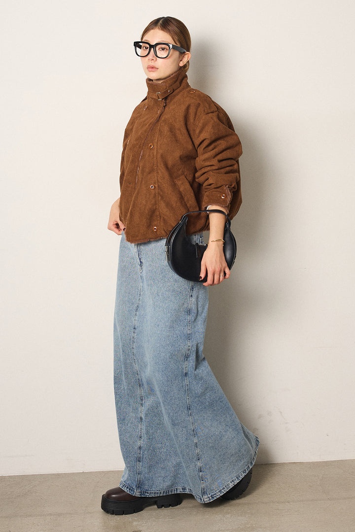 [SET]スタンド襟スウェードライクアウター+デニムロングフレアスカート(2set)