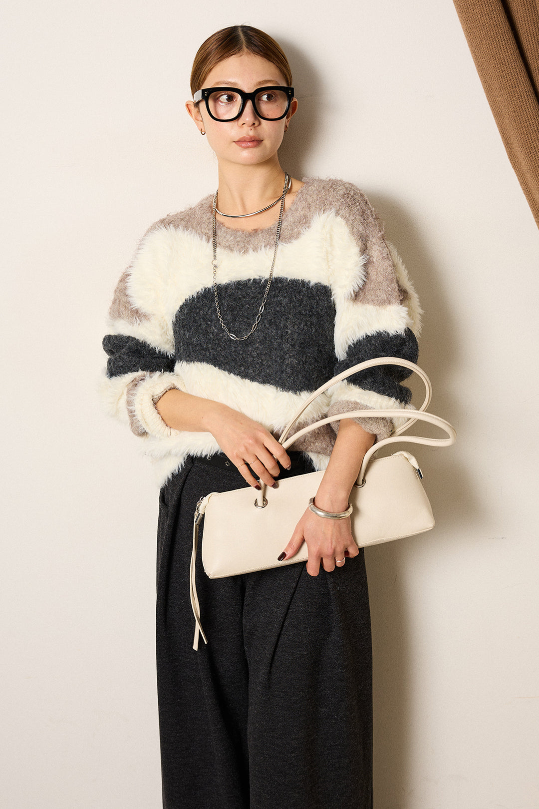 [SET]シャギーウェーブ柄クルーネックニットトップス+細ベルト付き起毛タックワイドパンツ(2set)