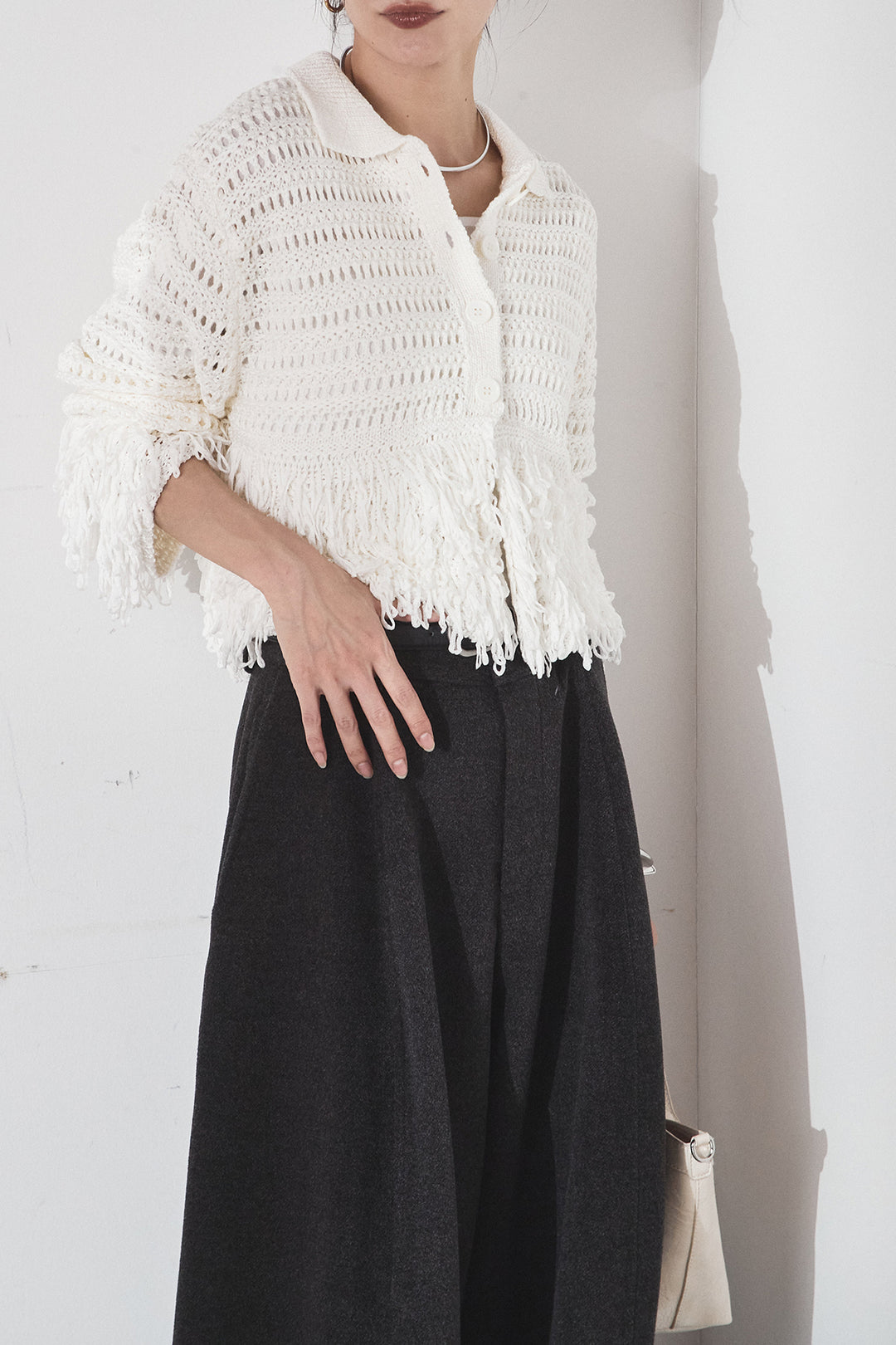[SET]メッシュフリンジカーディガン+ウールタッチカーブワイドパンツ(2set)