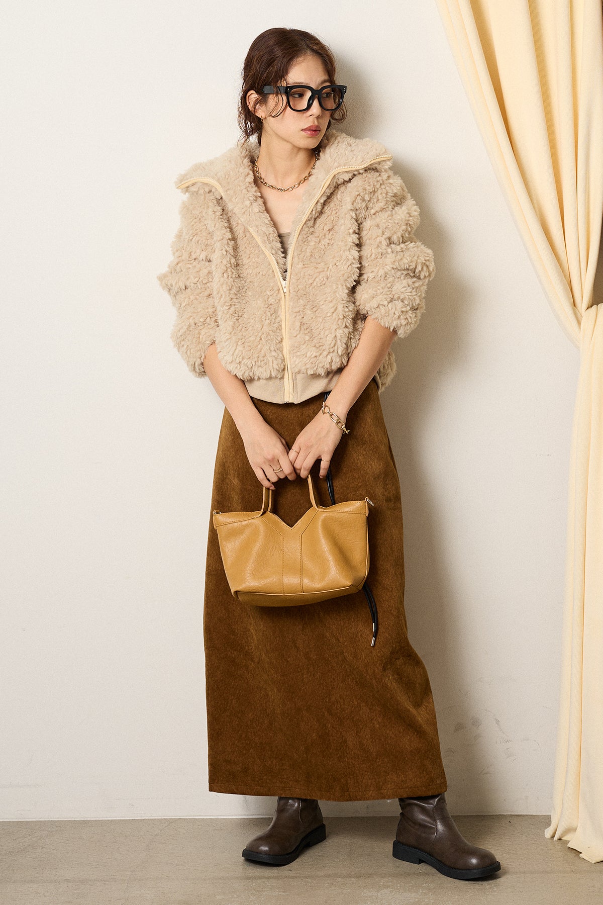 SET]スタンドカラー裾リブボアブルゾン+ロープベルト付きスウェード調