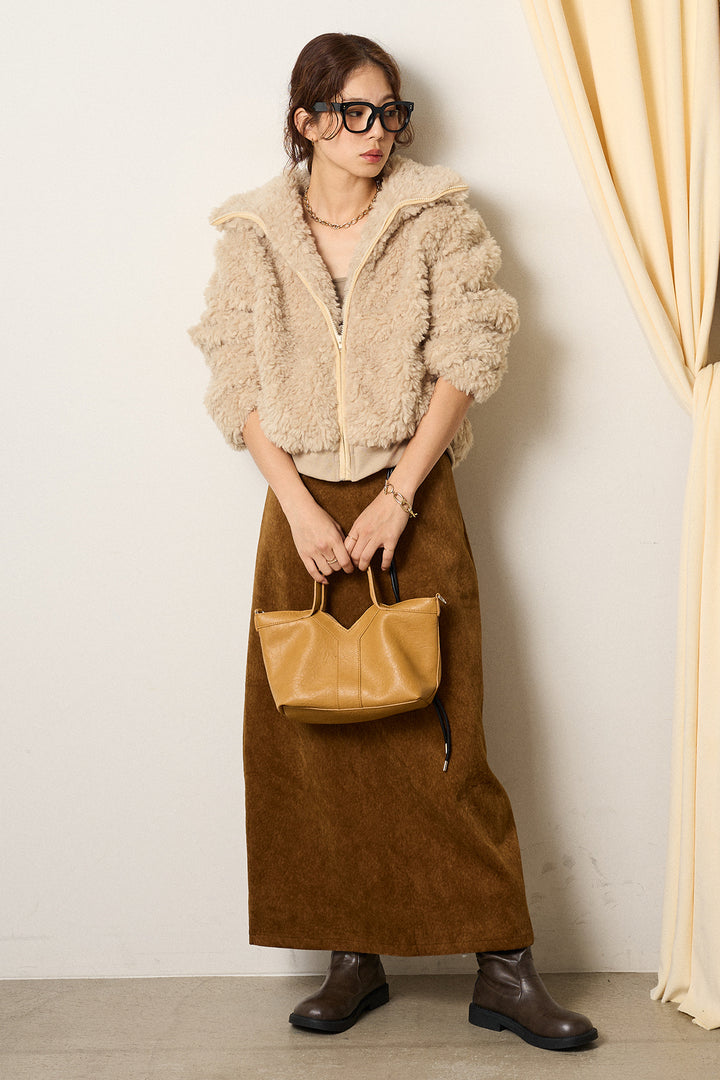 [SET]スタンドカラー裾リブボアブルゾン+ロープベルト付きスウェード調スカート(2set)