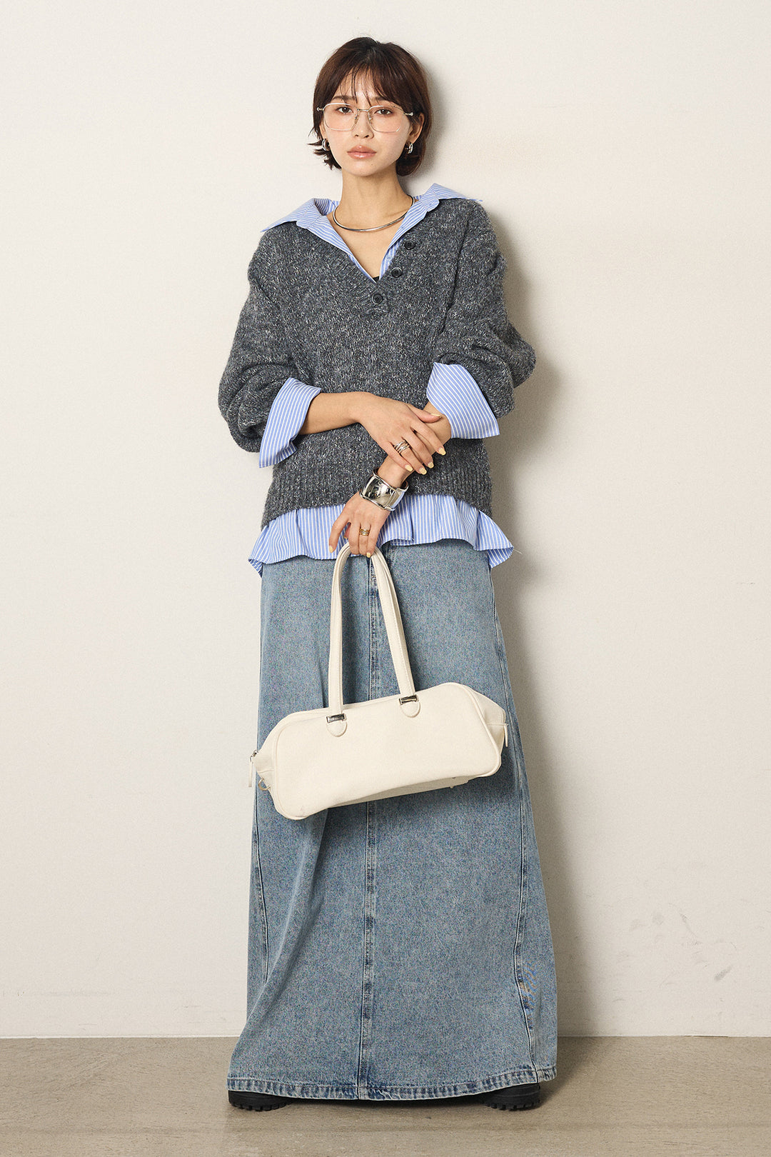 [SET]ストライプシャツドッキングニットポロトップス+デニムロングフレアスカート(2set)