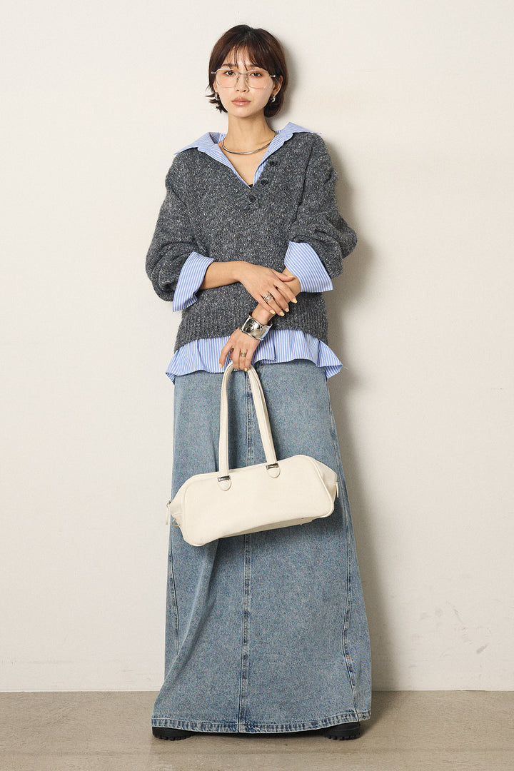 [SET]ストライプシャツドッキングニットポロトップス+デニムロングフレアスカート(2set)