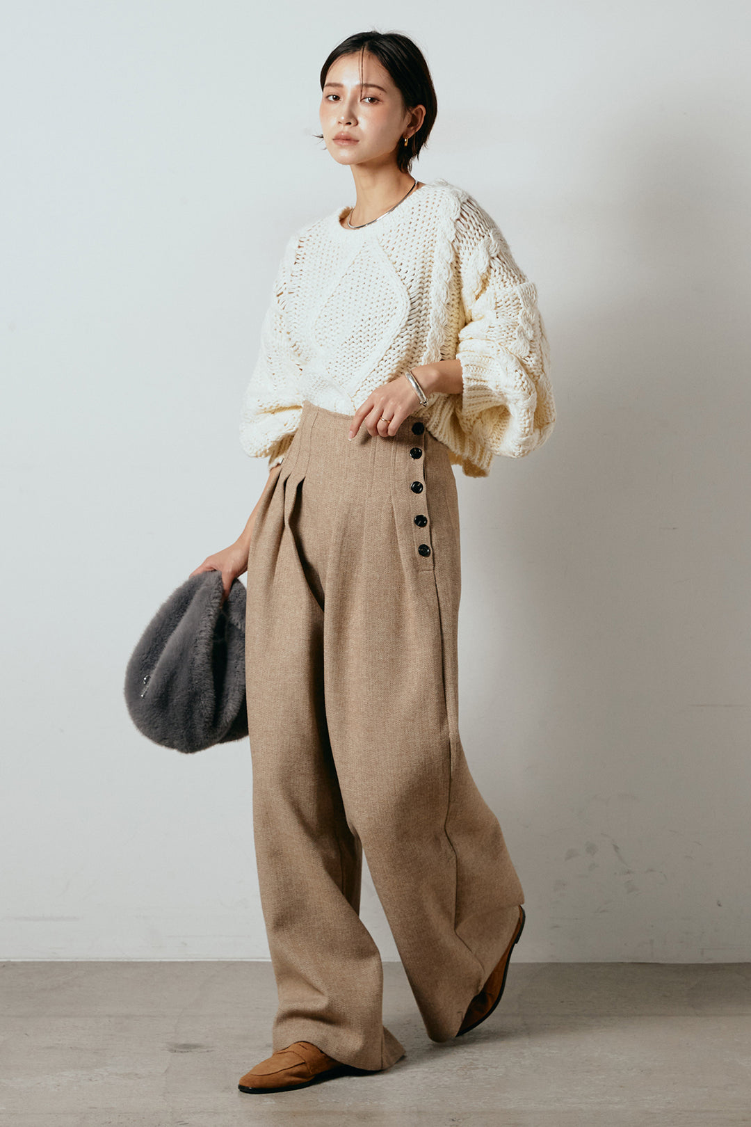 [SET]ロービングケーブルショート丈プルオーバー+サイドボタンツイードタックパンツ(2set)