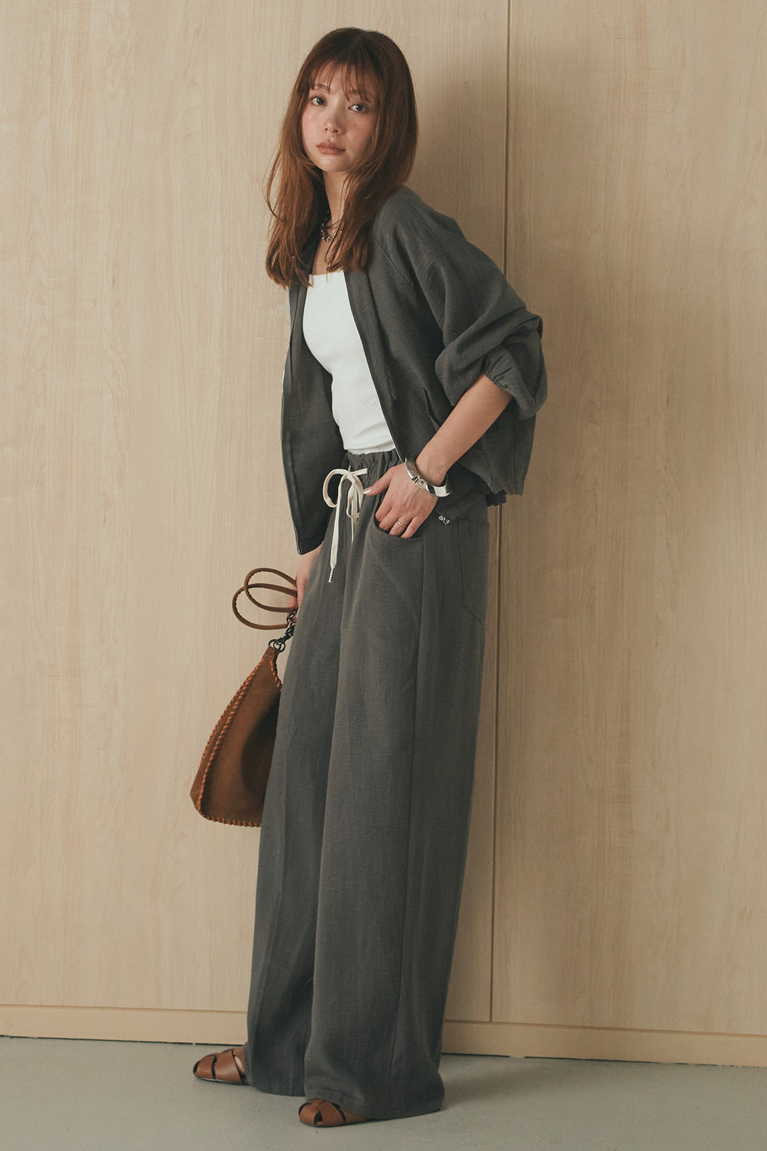 [SET]麻混ノーカラーブルゾン+麻混ウエストドロストパンツ(2set)