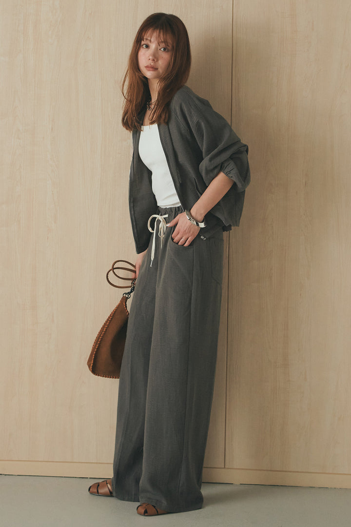 [SET]麻混ノーカラーブルゾン+麻混ウエストドロストパンツ(2set)