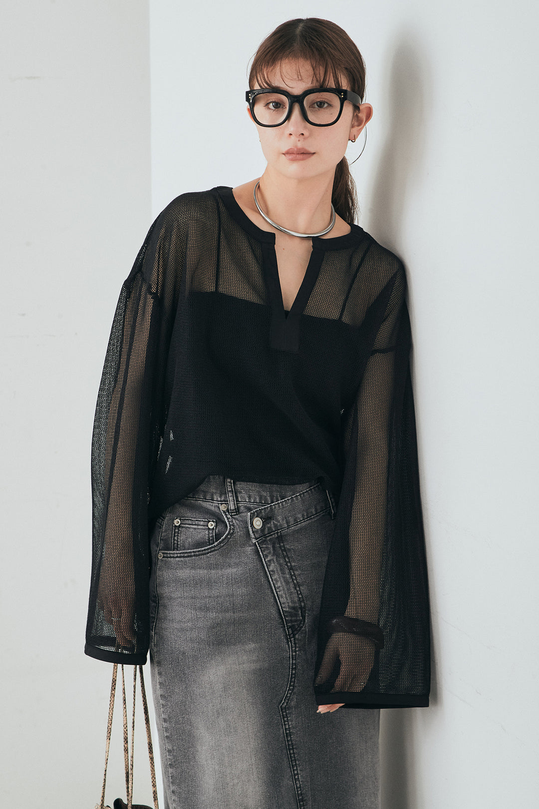 [SET]メッシュカットソースキッパープルオーバー+ウエストクロスデニムタイトスカート(2set)