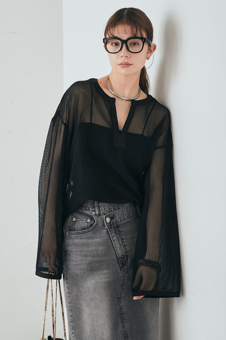 [SET]メッシュカットソースキッパープルオーバー+ウエストクロスデニムタイトスカート(2set)