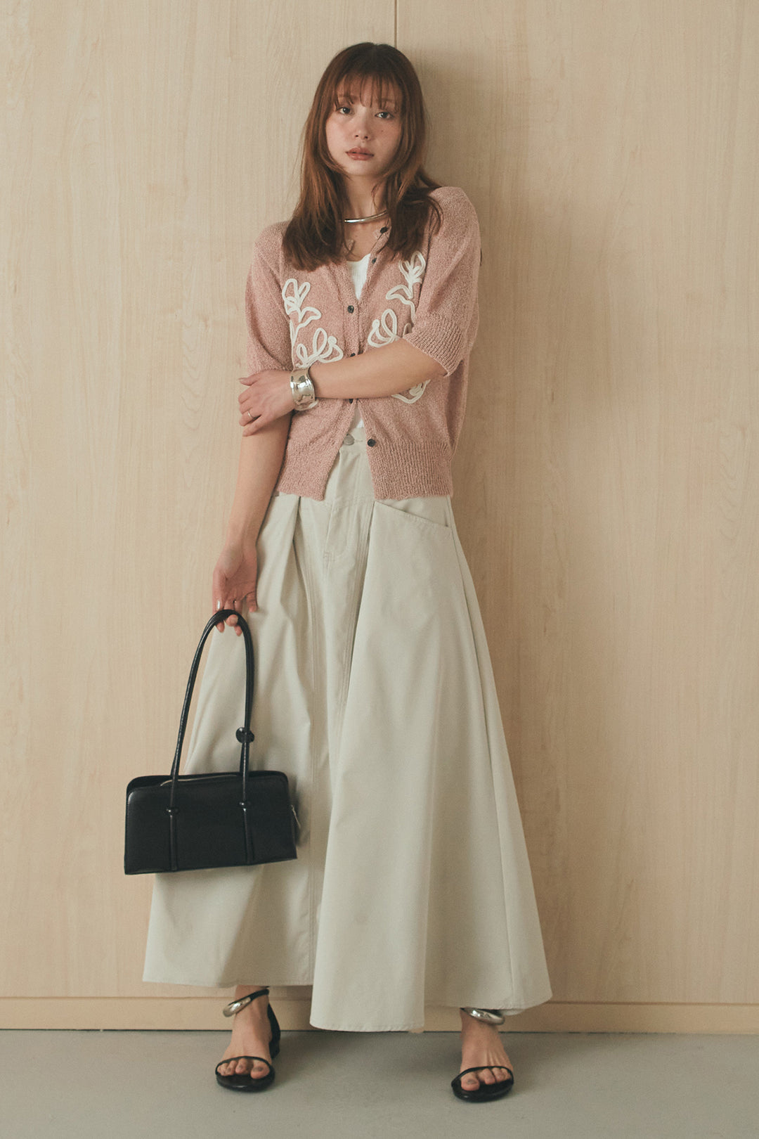 [SET]フロントテープデザイン半袖カーディガン+ミリタリーツイルタックフレアスカート(2set)