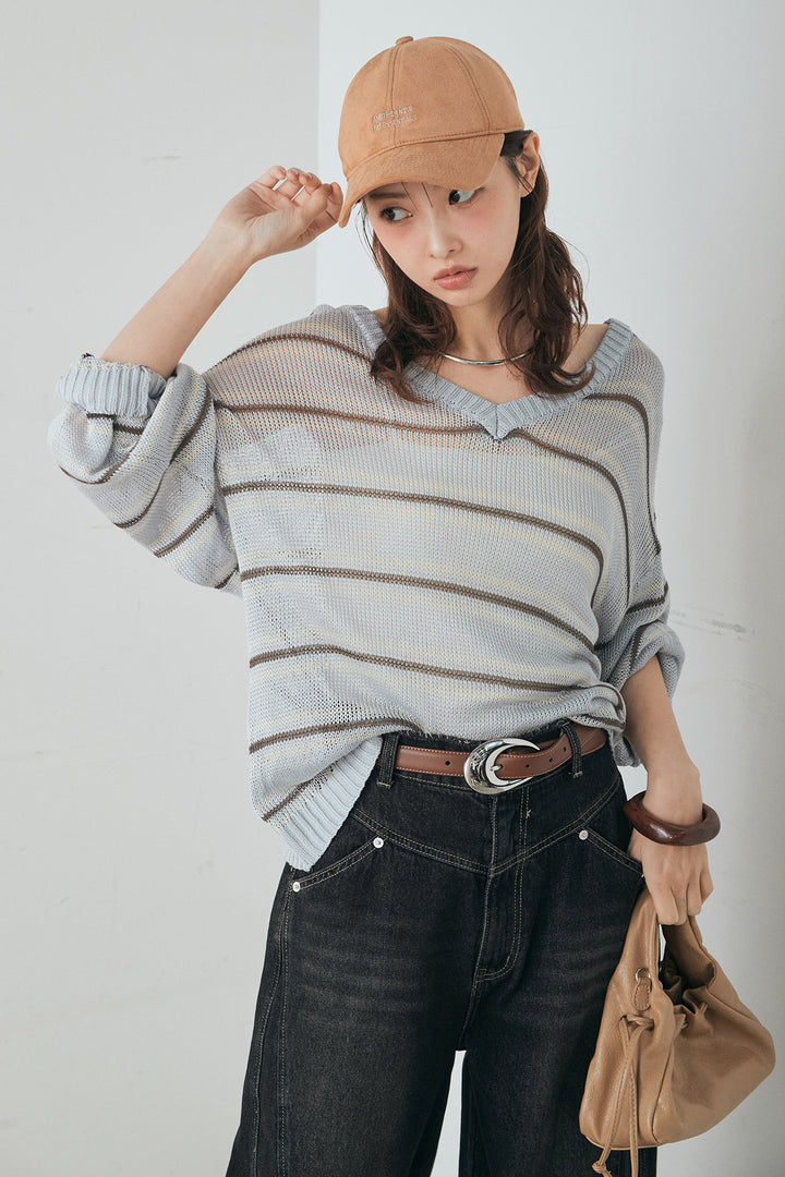 [SET]綿タッチVネックボーダートップス+デニムヨークパンツ(2set)