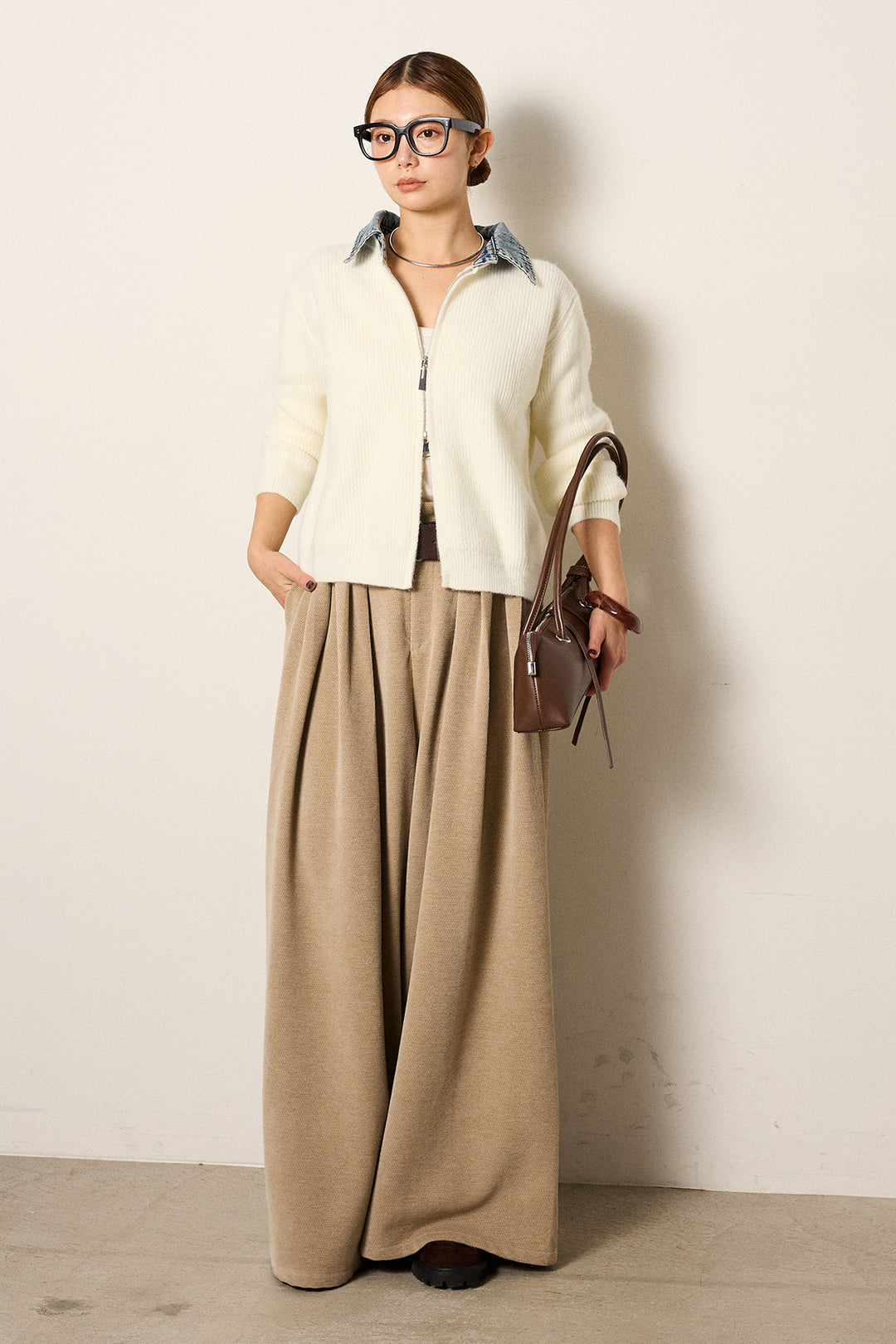 [SET]デニム襟ダブルジップニットトップス+ベルトループコーデュロイワイドパンツ(2set)