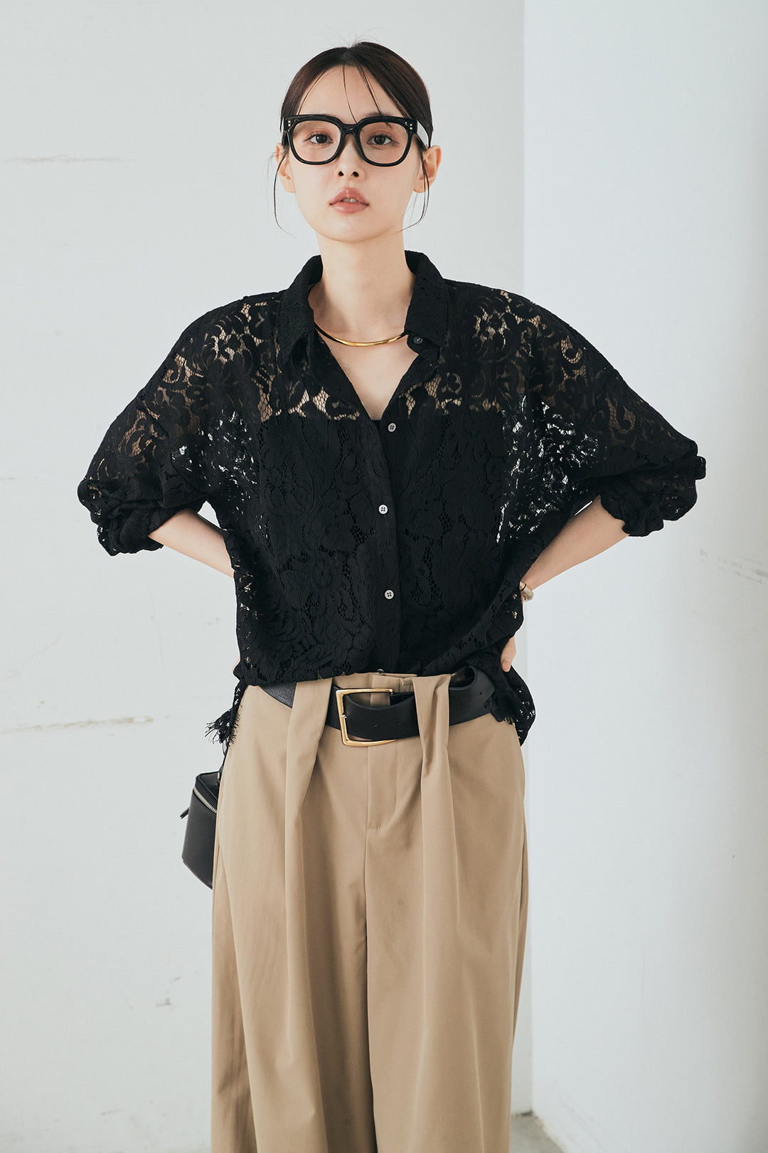 [SET]レース裾スカラップシャツ+ベルトループデザインハイウエストタックパンツ(2set)