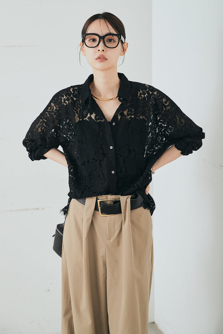 [SET]レース裾スカラップシャツ+ベルトループデザインハイウエストタックパンツ(2set)