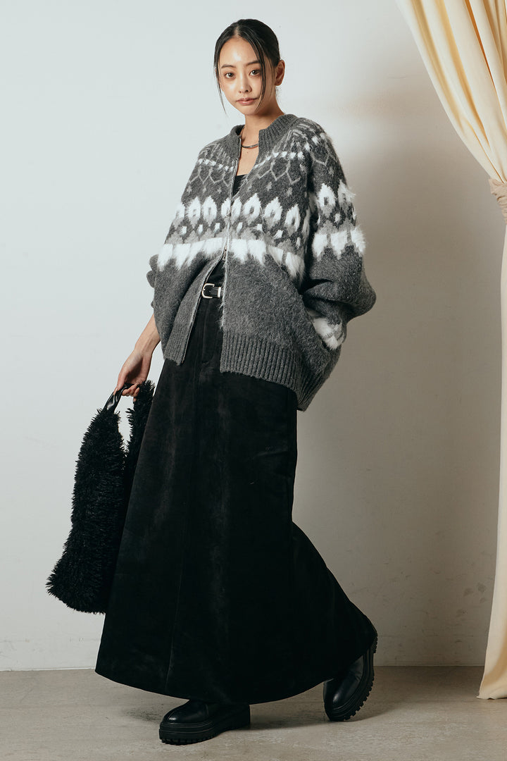 [SET]起毛ダブルジップパターンニットカーディガン+エコスウェードワイドスカート(2set)
