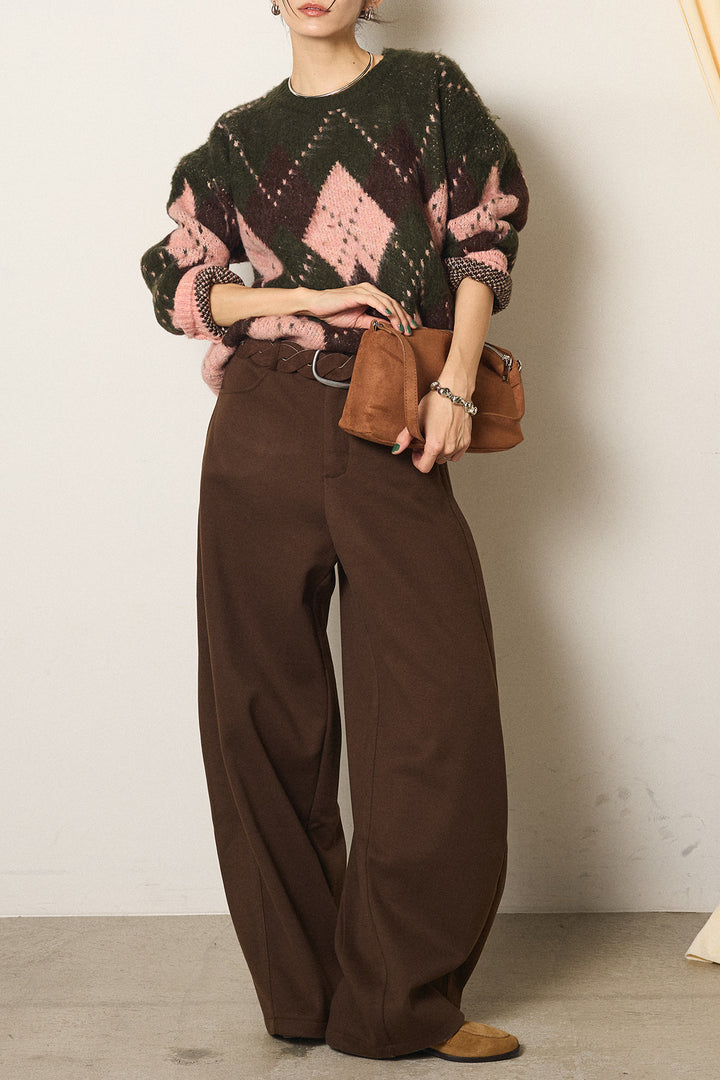 [SET]配色アーガイル柄ニットトップス+編みベルト付きワイドパンツ(2set)
