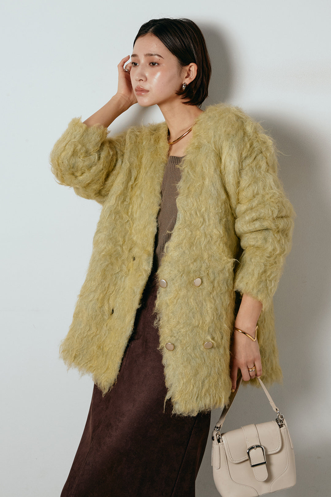 [SET]ウェーブシャギーニットジャケット+スウェードライク裾フリンジスカート(2set)