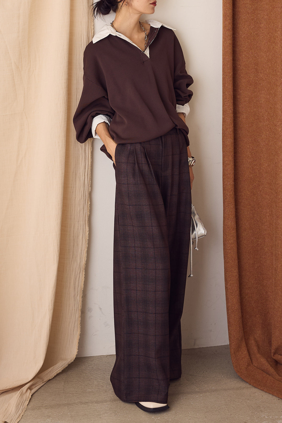 【即納】タック入りタータンチェックワイドパンツ