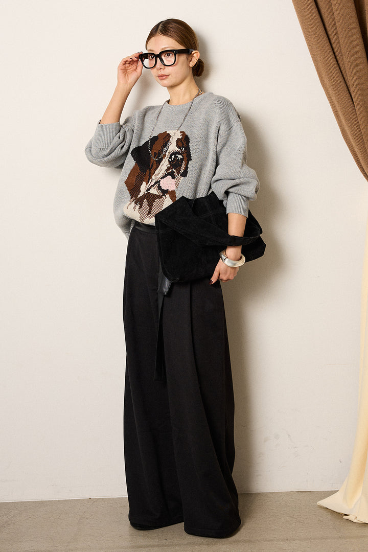 [SET]アニマルジャガード柄ニットトップス+巻ベルトウエストレザーライクワイドパンツ(2set)