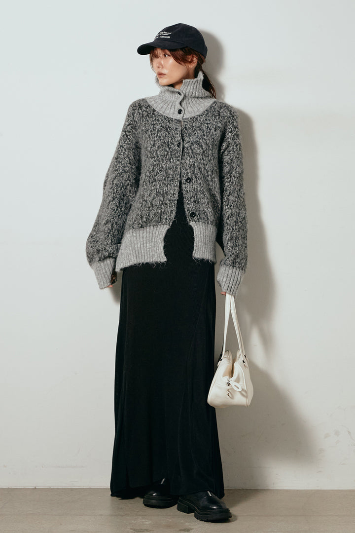 [SET]ハイネックミックスニットトップス+サイド切り替えリブニットロングスカート(2set)