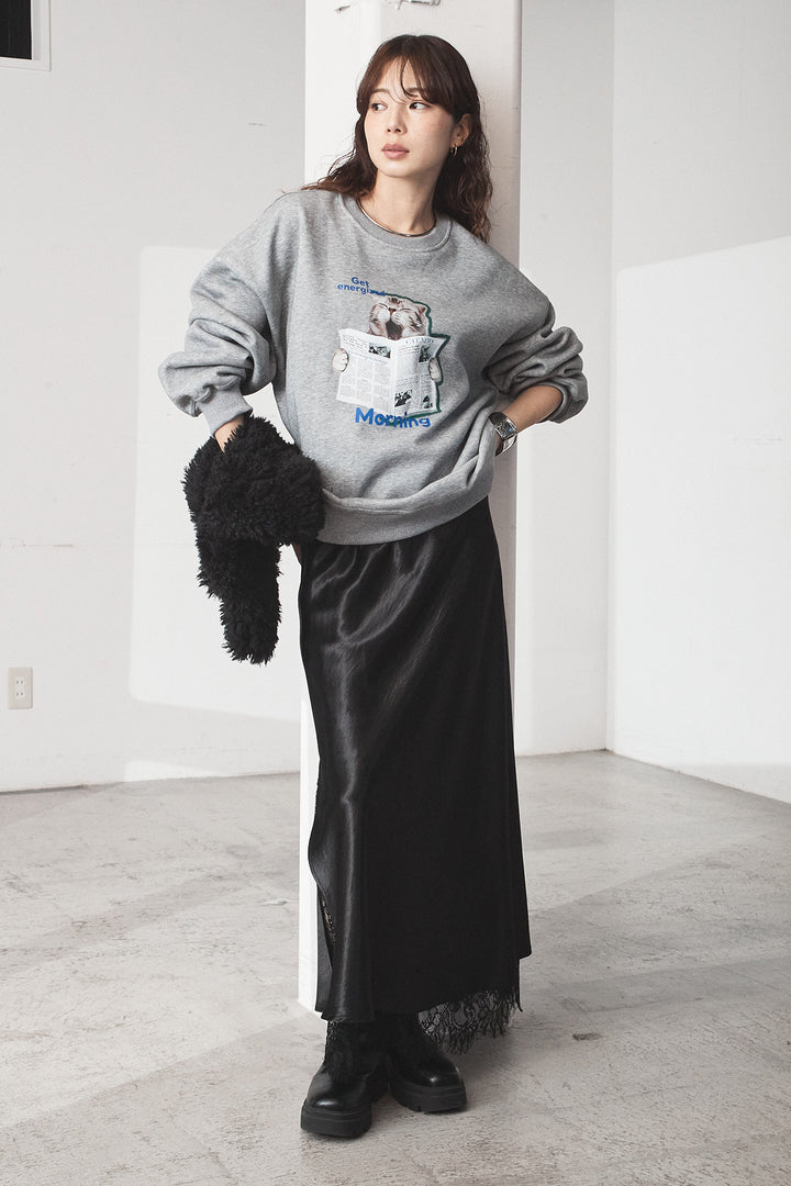 [SET]裏起毛モーニングキャットプリントスウェット+裾レースデザインサテンスカート(2set)