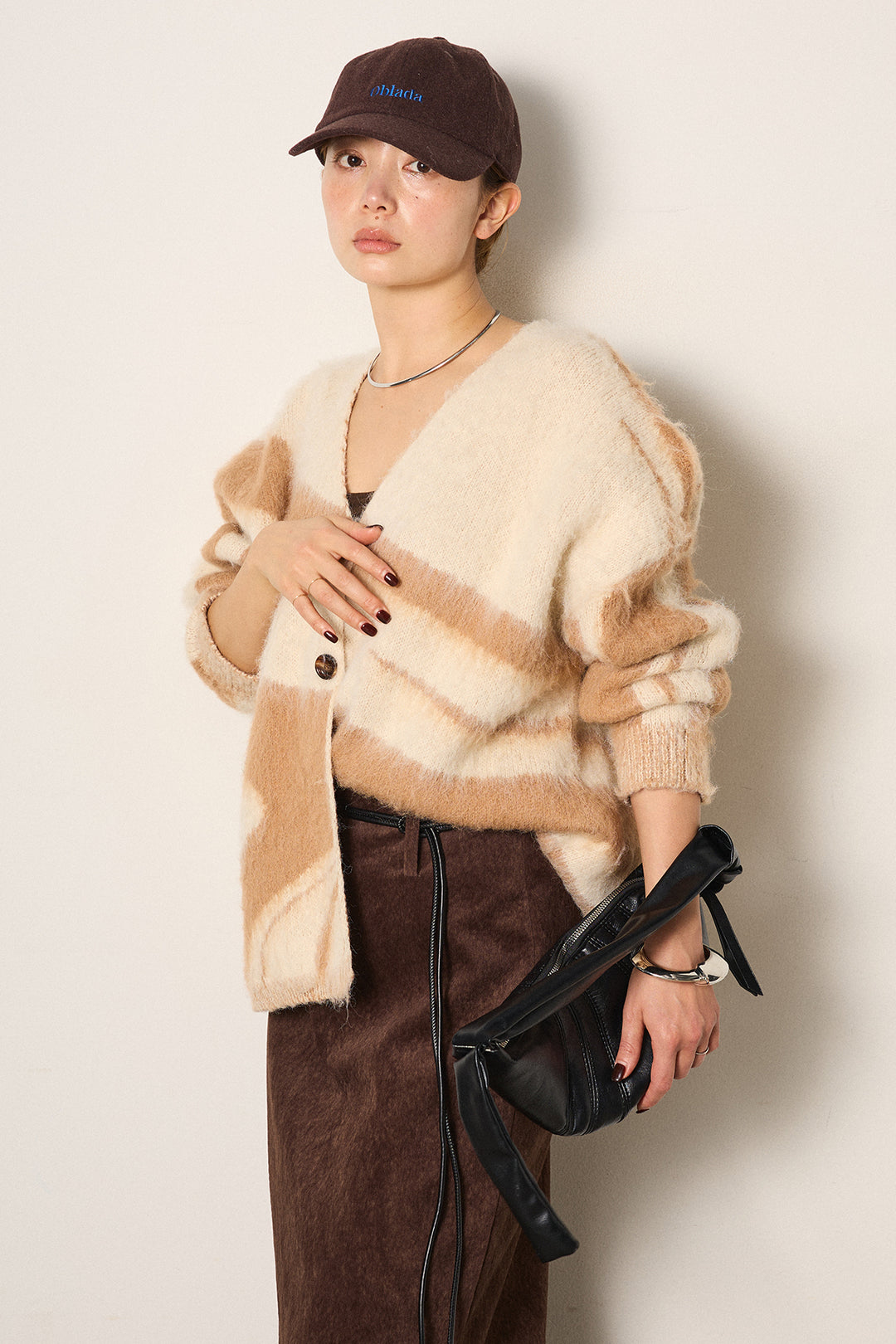 [SET]アクセントブラッシュドカーディガン+ロープベルト付きスウェード調スカート(2set)