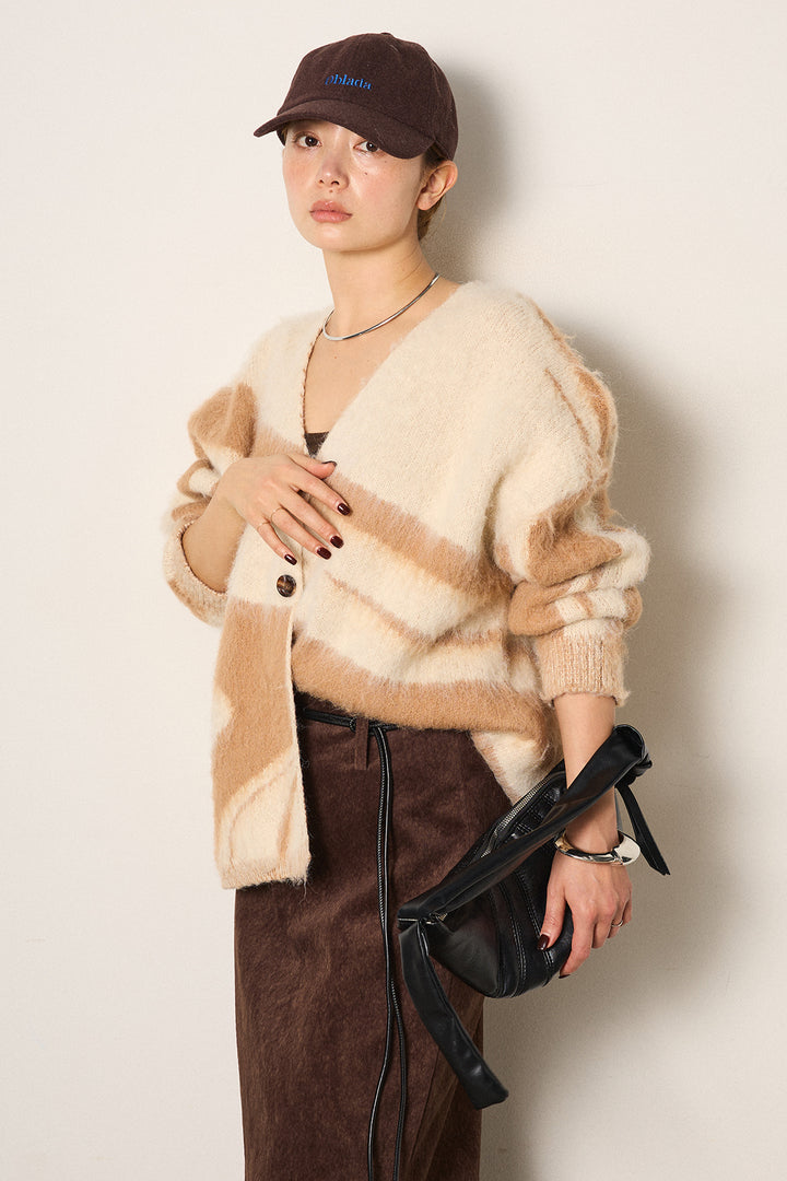 [SET]アクセントブラッシュドカーディガン+ロープベルト付きスウェード調スカート(2set)