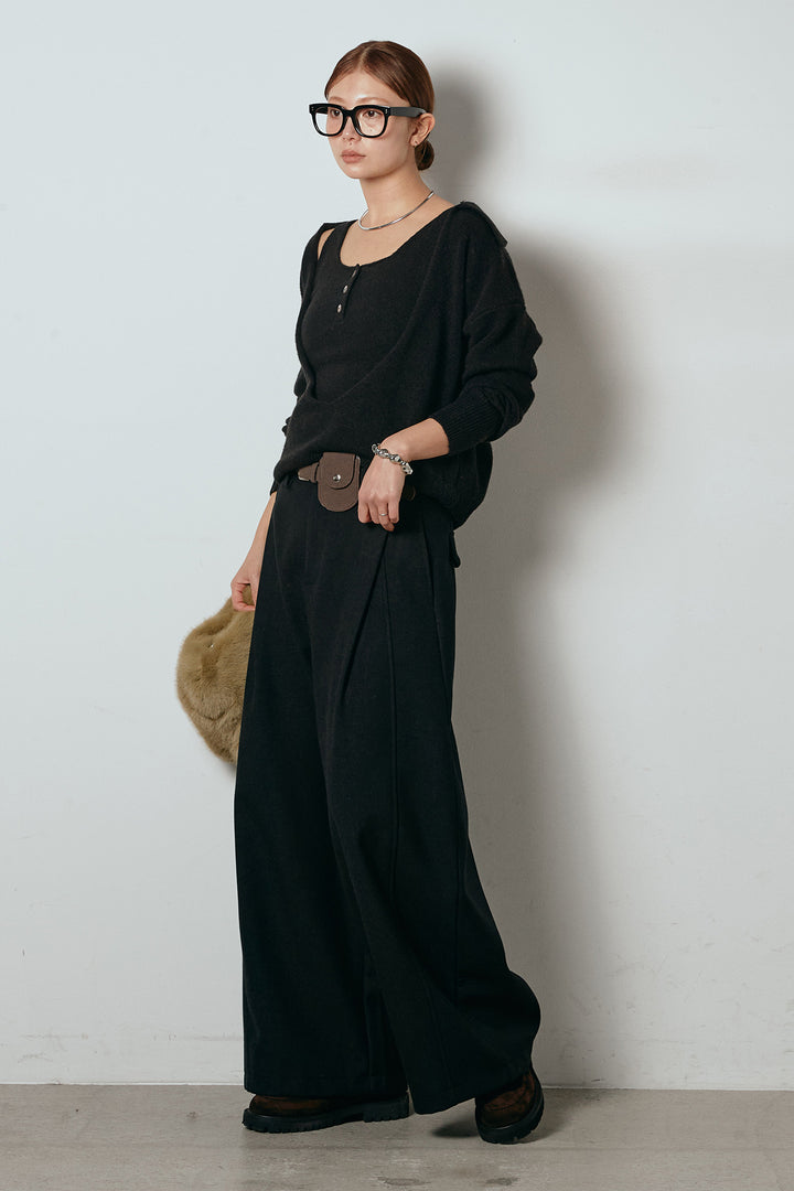 [SET]襟付きレイヤードニットトップス+ポーチベルト付きカーブパンツ(2set)