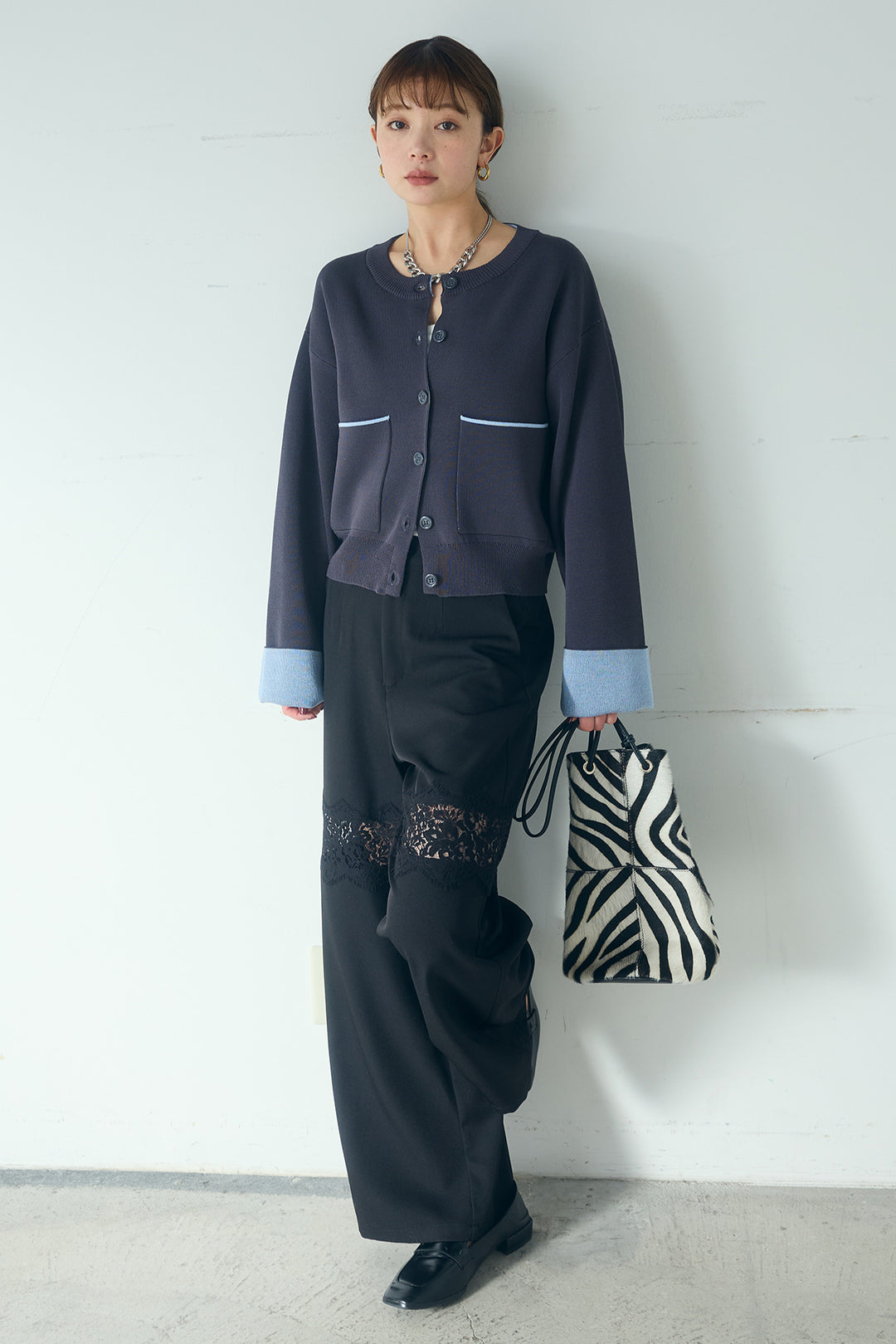 [SET]レーヨンポリダブルフェイスカーディガン+レース刺繍切替ワイドパンツ(2set)