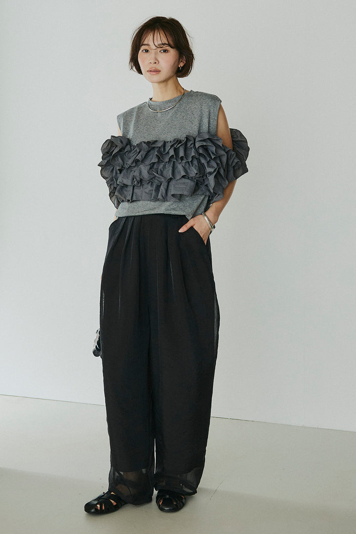 [SET]天竺ナイロンドッキングビスチェ風トップス+オーガンジータックパンツ(2set)