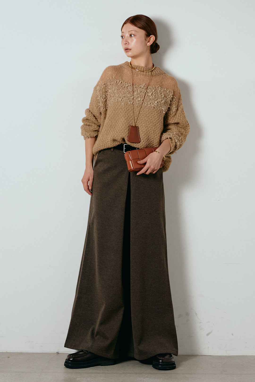 [SET]パターンランダム編みニットトップス+ベルト付きフロントタックデザインパンツ(2set)