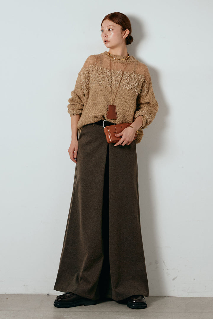 [SET]パターンランダム編みニットトップス+ベルト付きフロントタックデザインパンツ(2set)