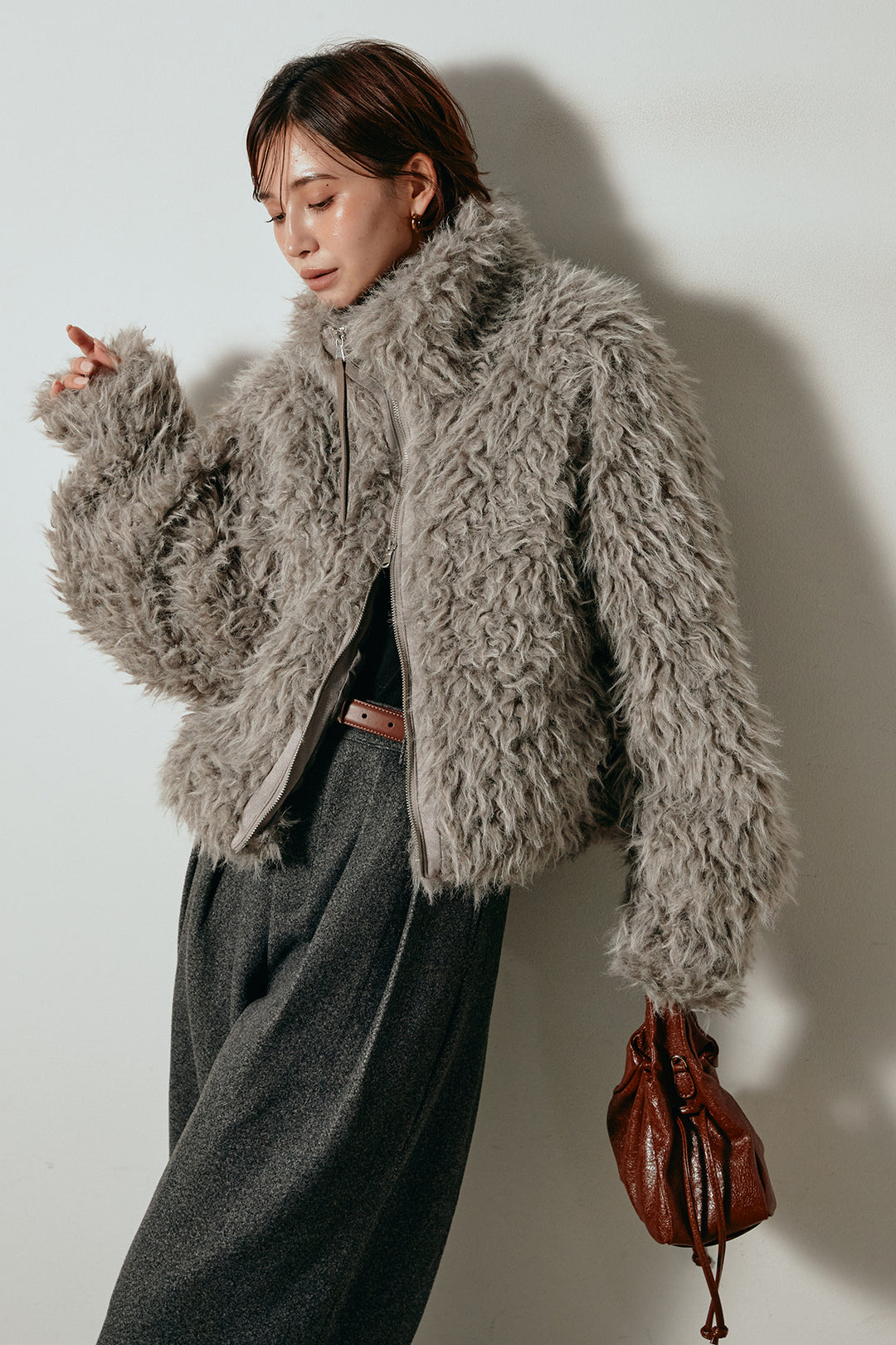 [SET]ミックスシープファースタンドブルゾン+フェイクウールタックトラウザーズパンツ(2set)