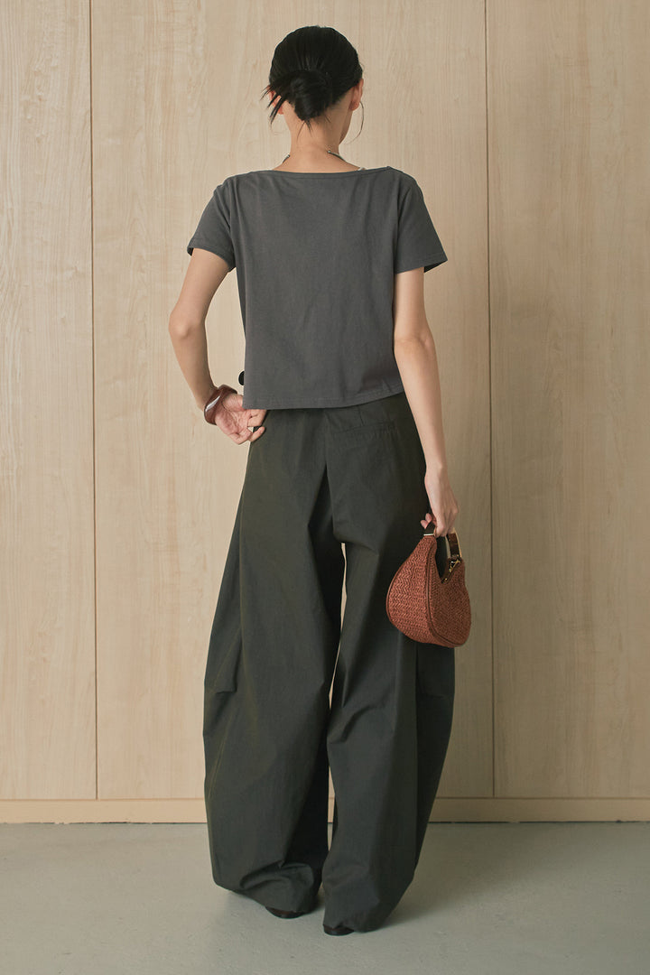 [SET]綿天竺半袖オフショルTシャツ+ニーサイドタックボリュームカーブパンツ(2set)