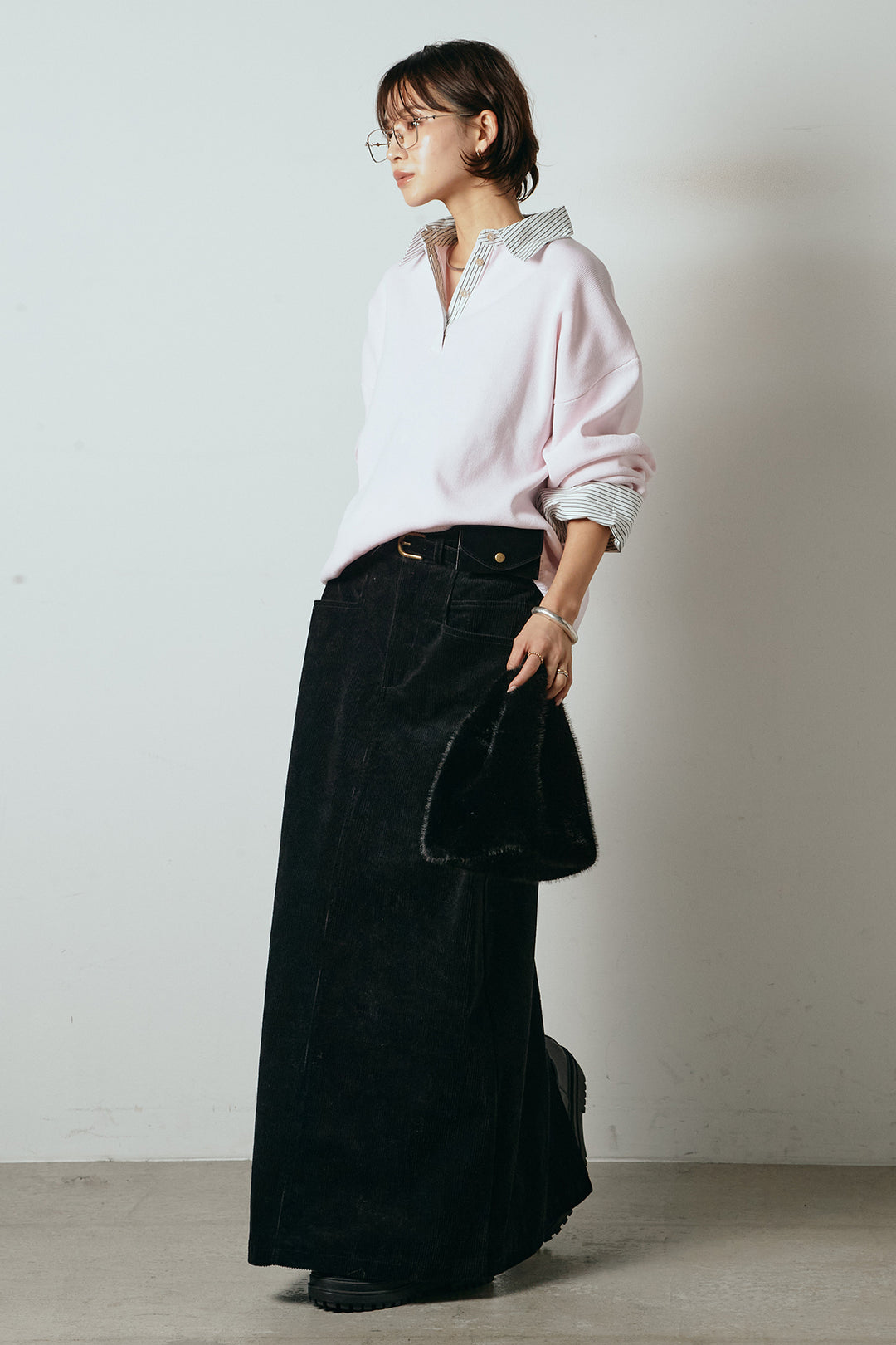 [SET]ストライプシャツドッキングポロトップス+ポーチベルト付きコーデュロイワイドスカート(2set)