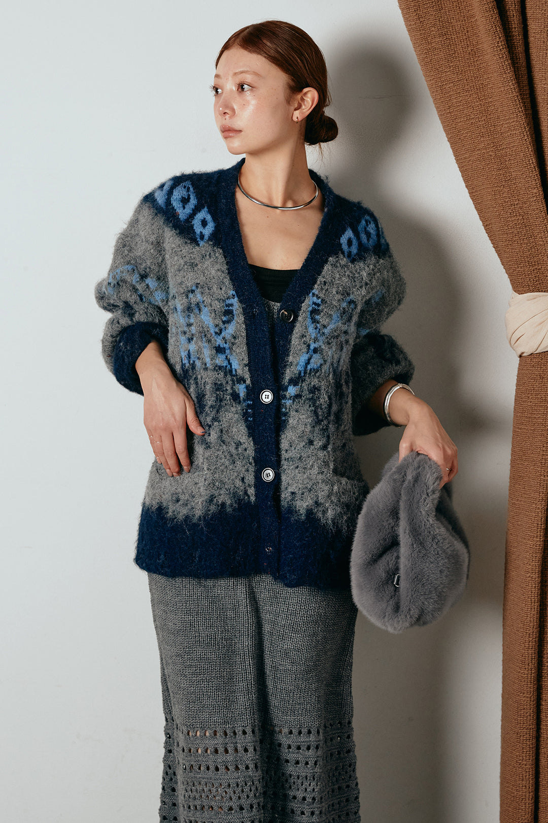 [SET]シャギーニュアンス柄ニットカーディガン+裾透かし編みキャミソールニットワンピース(2set)