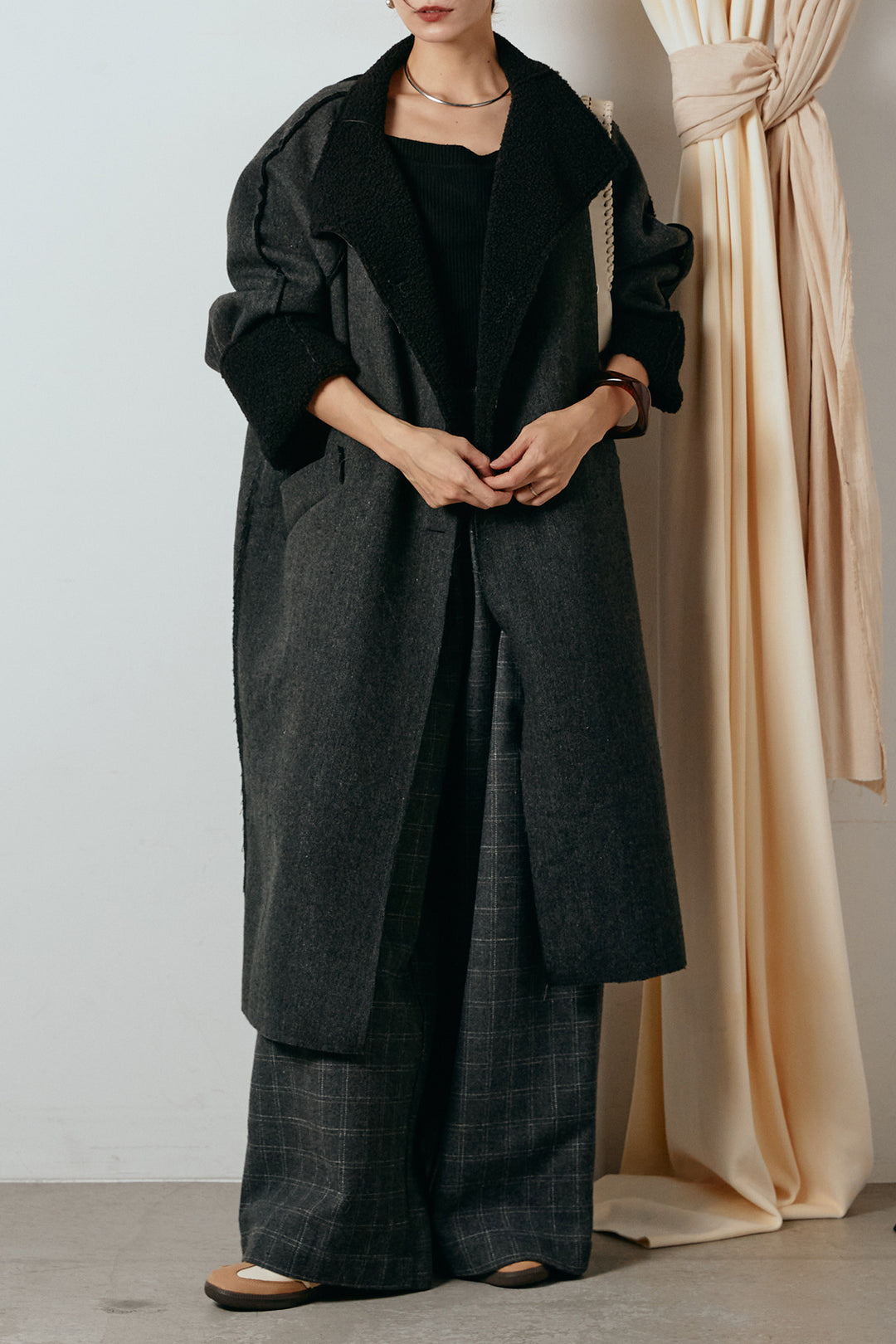 [SET]裏地ボアハイネックロングアウター+ウールライクチェックタックパンツ(2set)