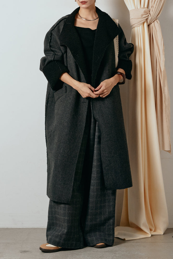 [SET]裏地ボアハイネックロングアウター+ウールライクチェックタックパンツ(2set)