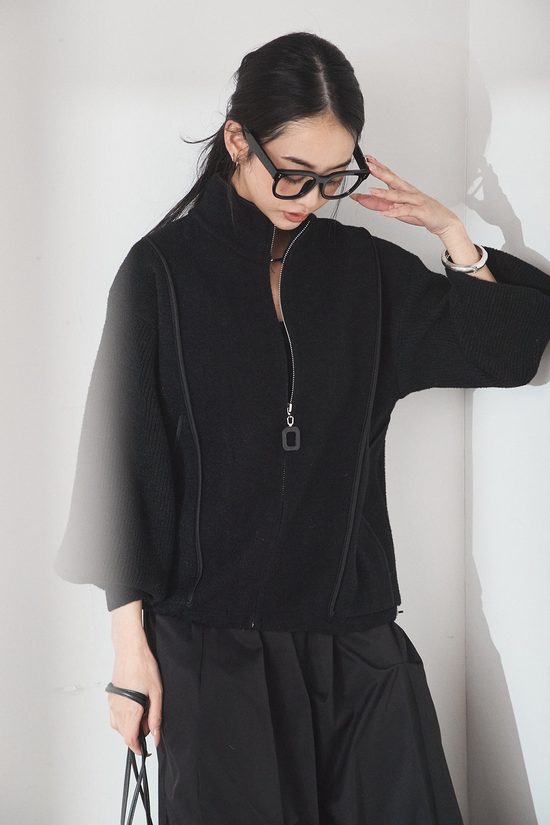 [SET]ハイネックパイピングデザインブルゾン+ランダムタックバルーンスカート(2set)