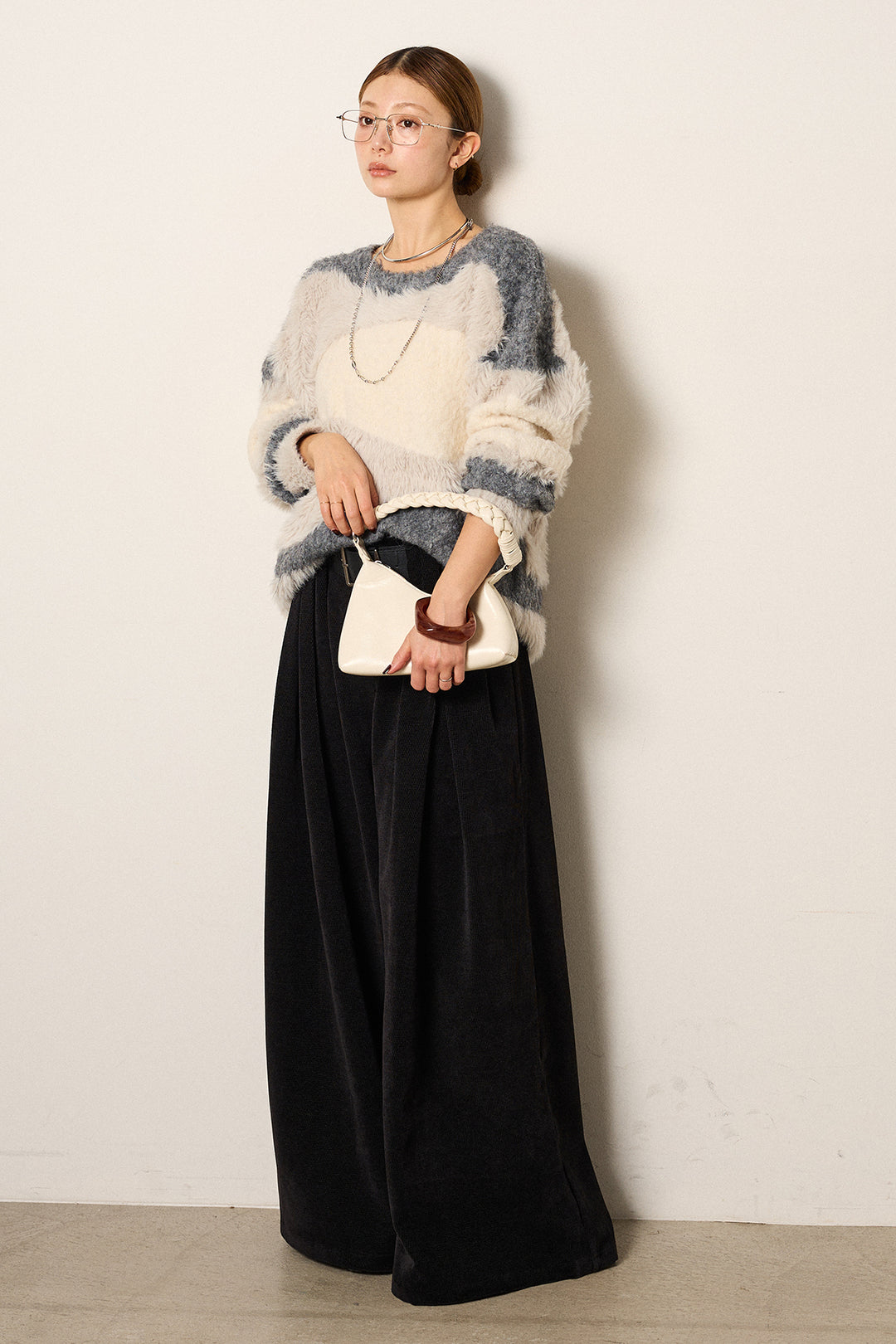 [SET]シャギーウェーブ柄クルーネックニットトップス+ベルトループコーデュロイワイドパンツ(2set)