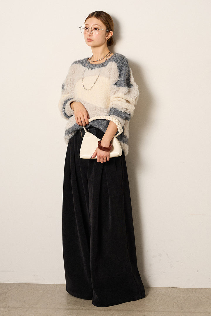 [SET]シャギーウェーブ柄クルーネックニットトップス+ベルトループコーデュロイワイドパンツ(2set)