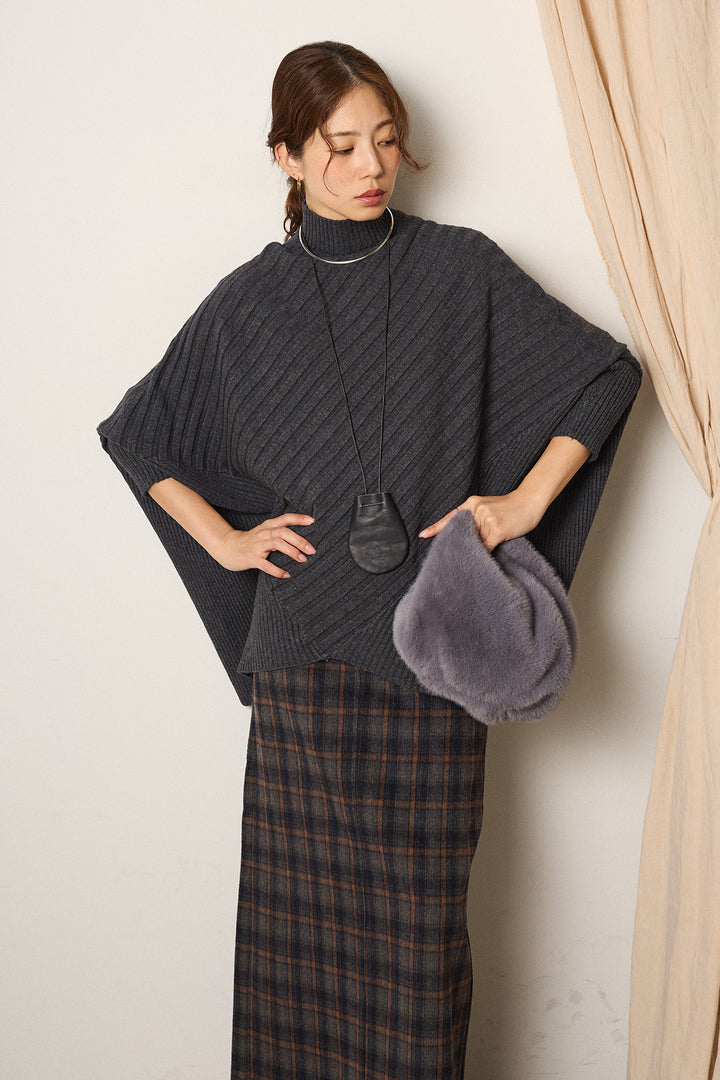 [SET]アシメデザインリブポンチョニットトップス+シャギーチェックストレートスカート(2set)