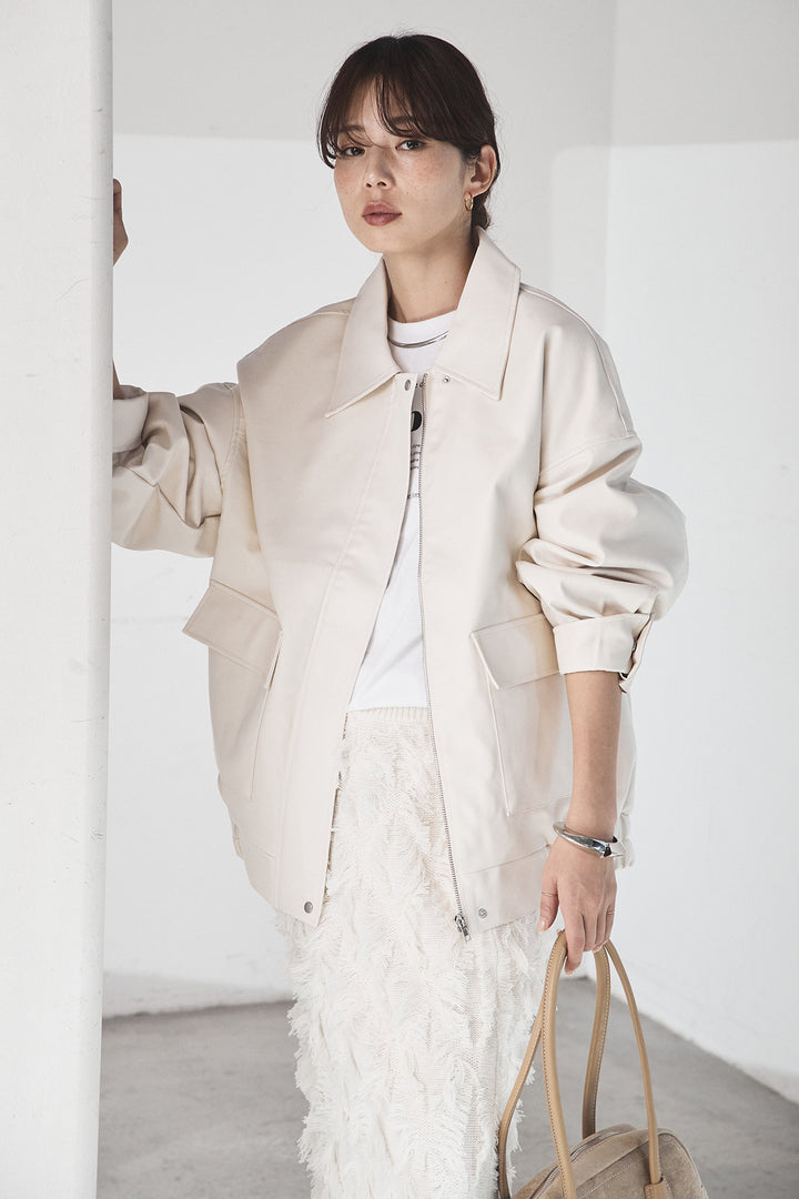 [SET]レザーライクオーバーサイズブルゾン+カットフリンジニットタイトスカート(2set)