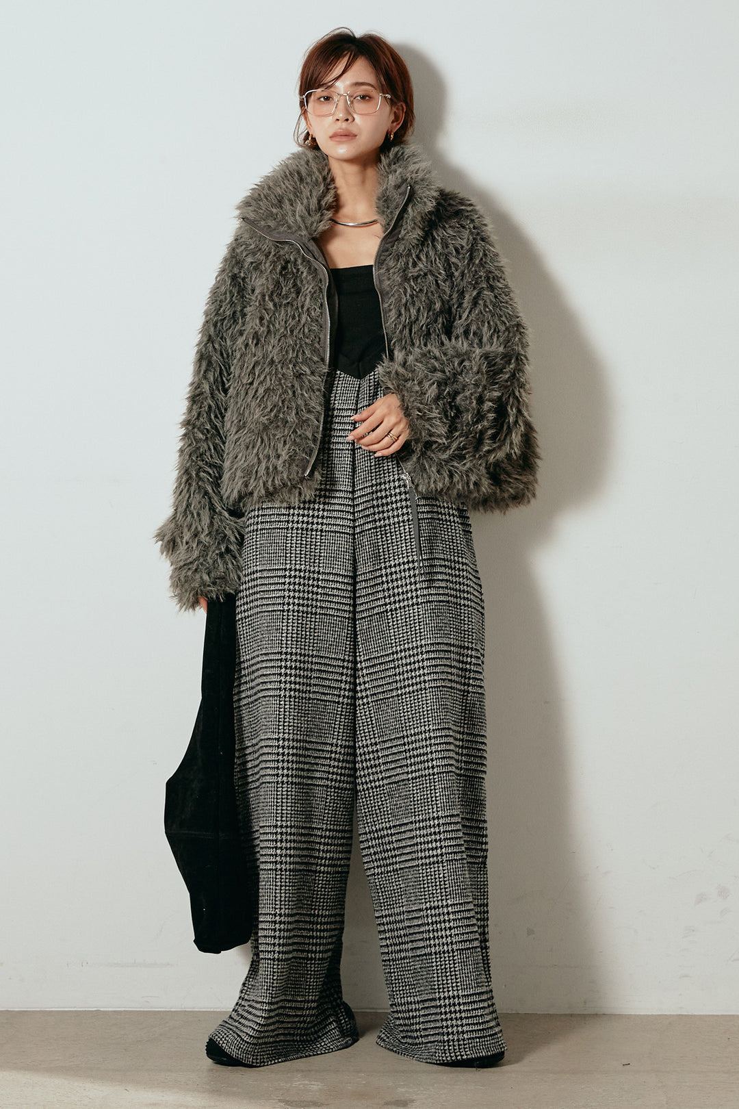 [SET]ミックスシープファースタンドブルゾン+前後2wayグレンチェック柄スカーチョサロペット(2set)