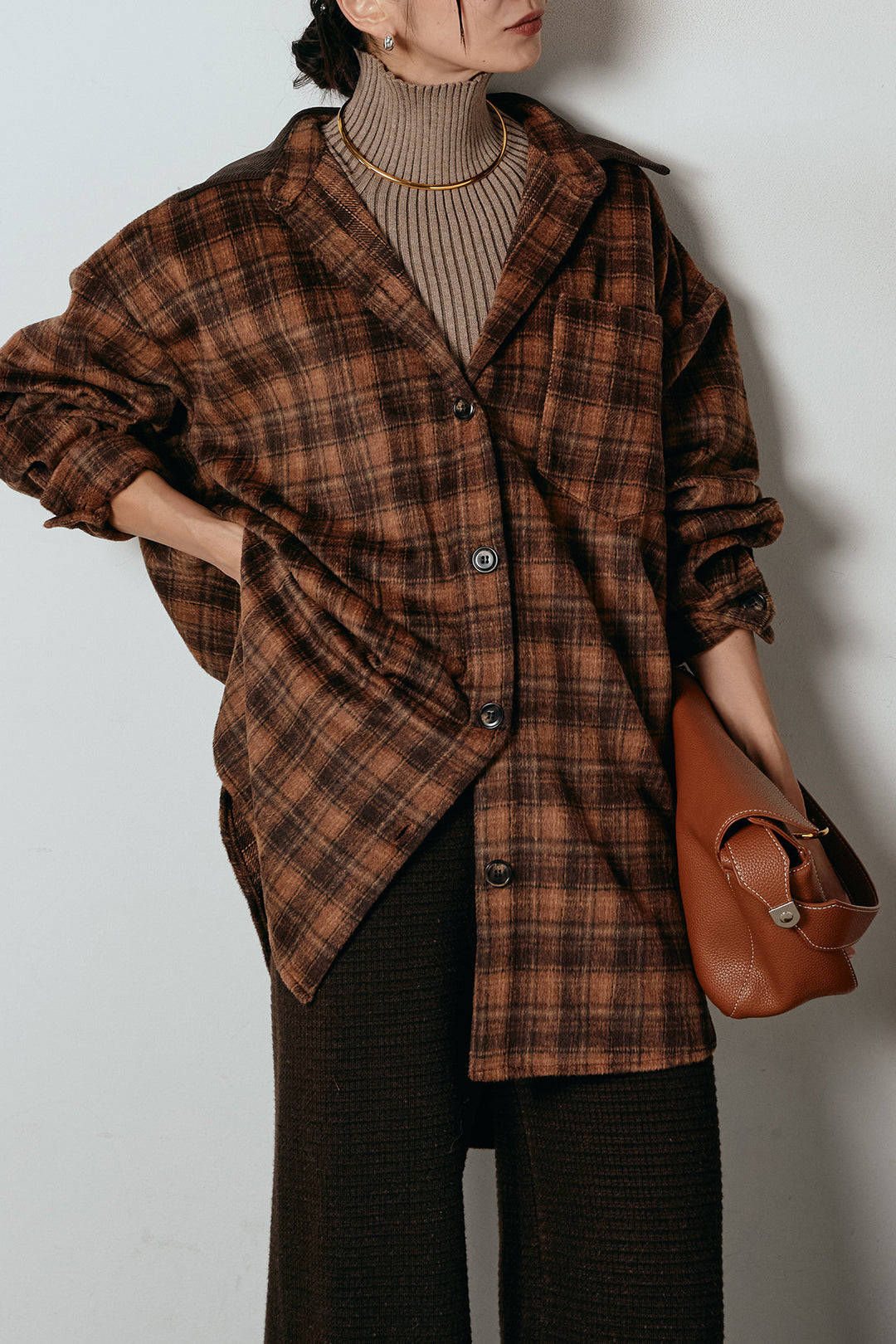 [SET]シャギーチェックシャツジャケット+ワイドリブニットイージーパンツ(2set)