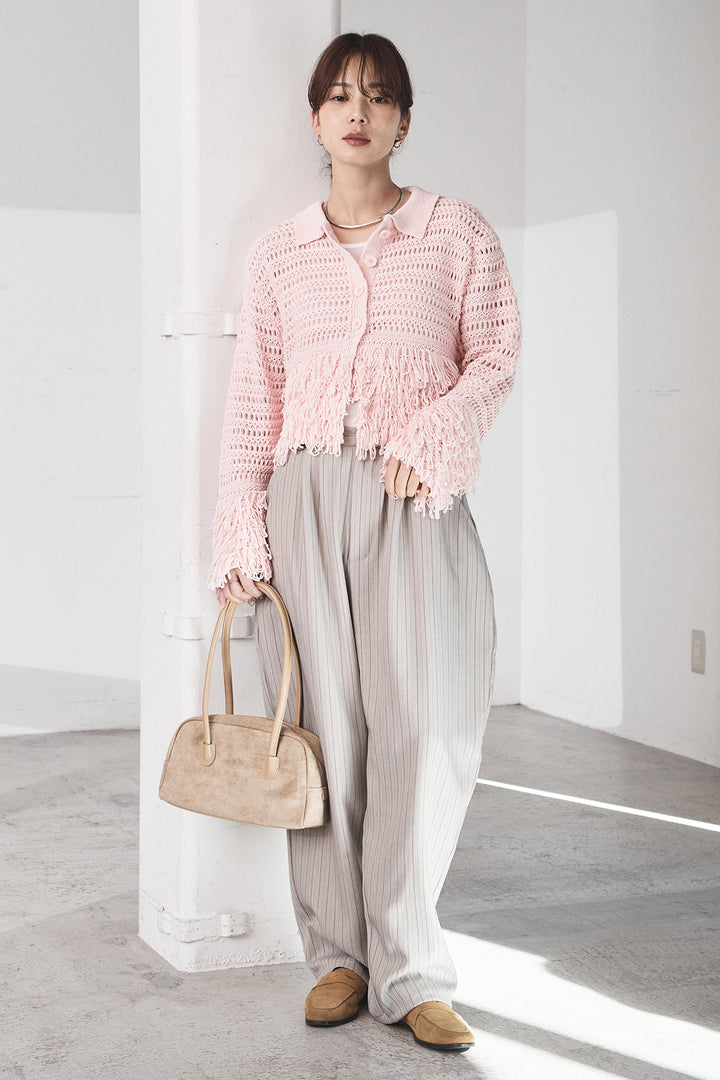 [SET]メッシュフリンジカーディガン+ヘリンボーンストライプツータックパンツ(2set)