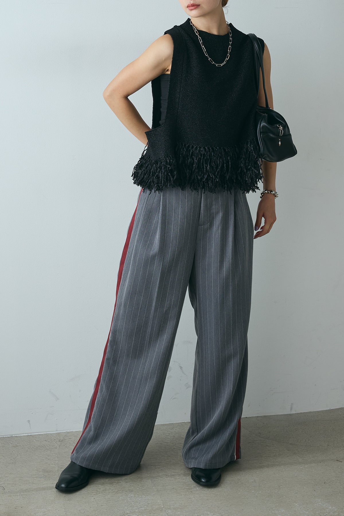 SET]裾フリンジデザインベスト+ピンストライプサイドライン