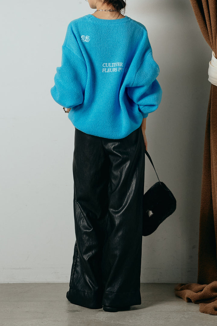 [SET]刺繍ロゴランダムデザインニットトップス+ベルト付きレザーライクタックパンツ(2set)