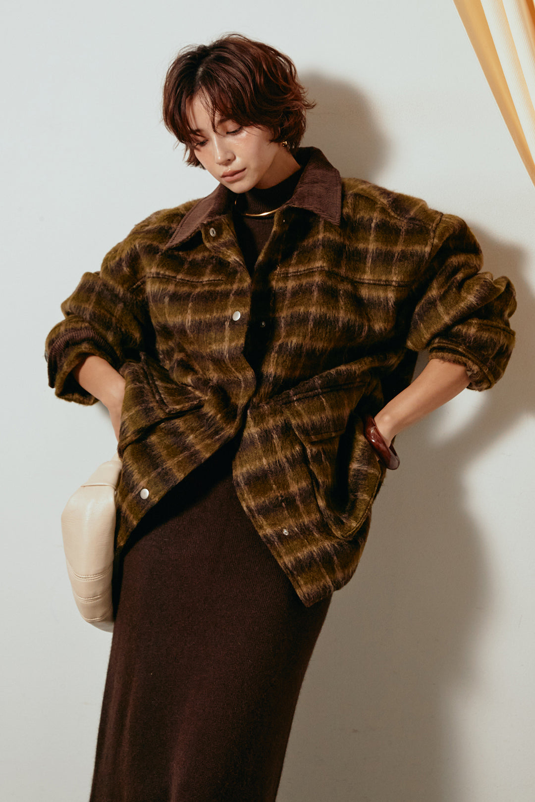 [SET]チェックシャギーミドルカバーオール+ノースリーブニットロングワンピース(2set)