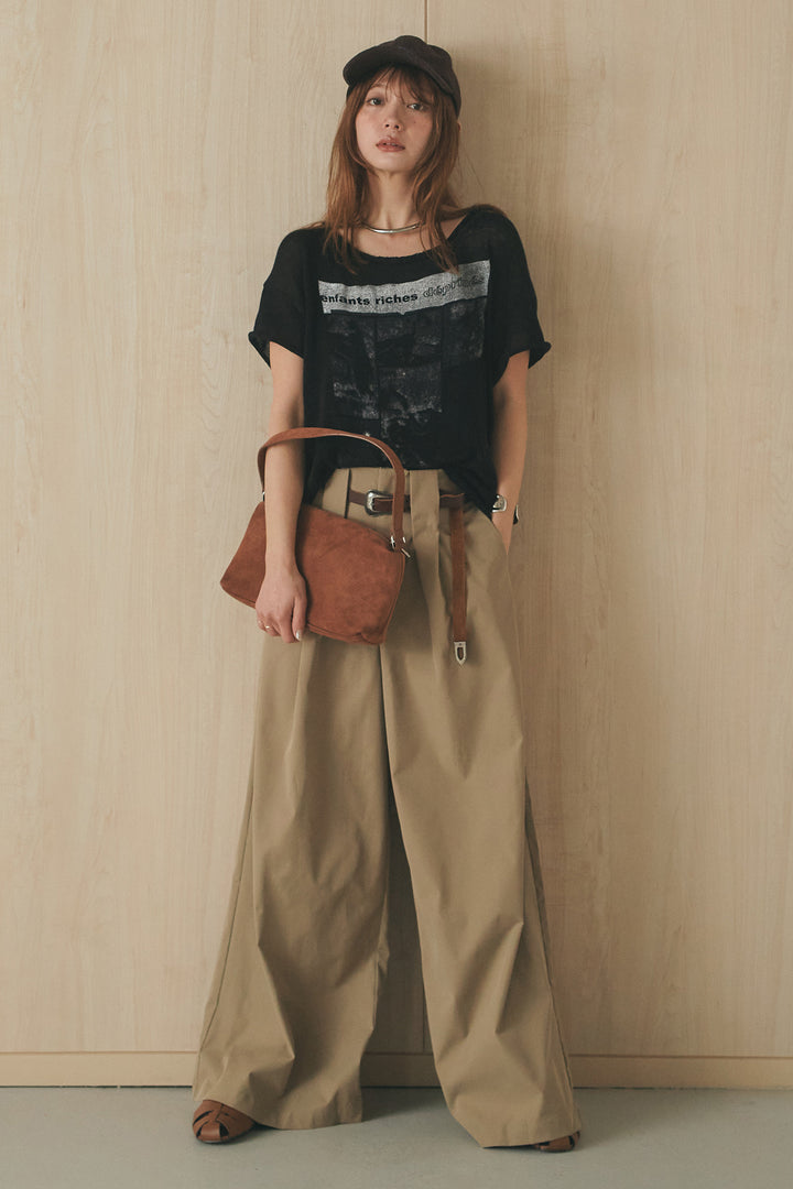 [SET]半袖モノトーングラフィックトップス+ベルトループデザインハイウエストタックパンツ(2set)