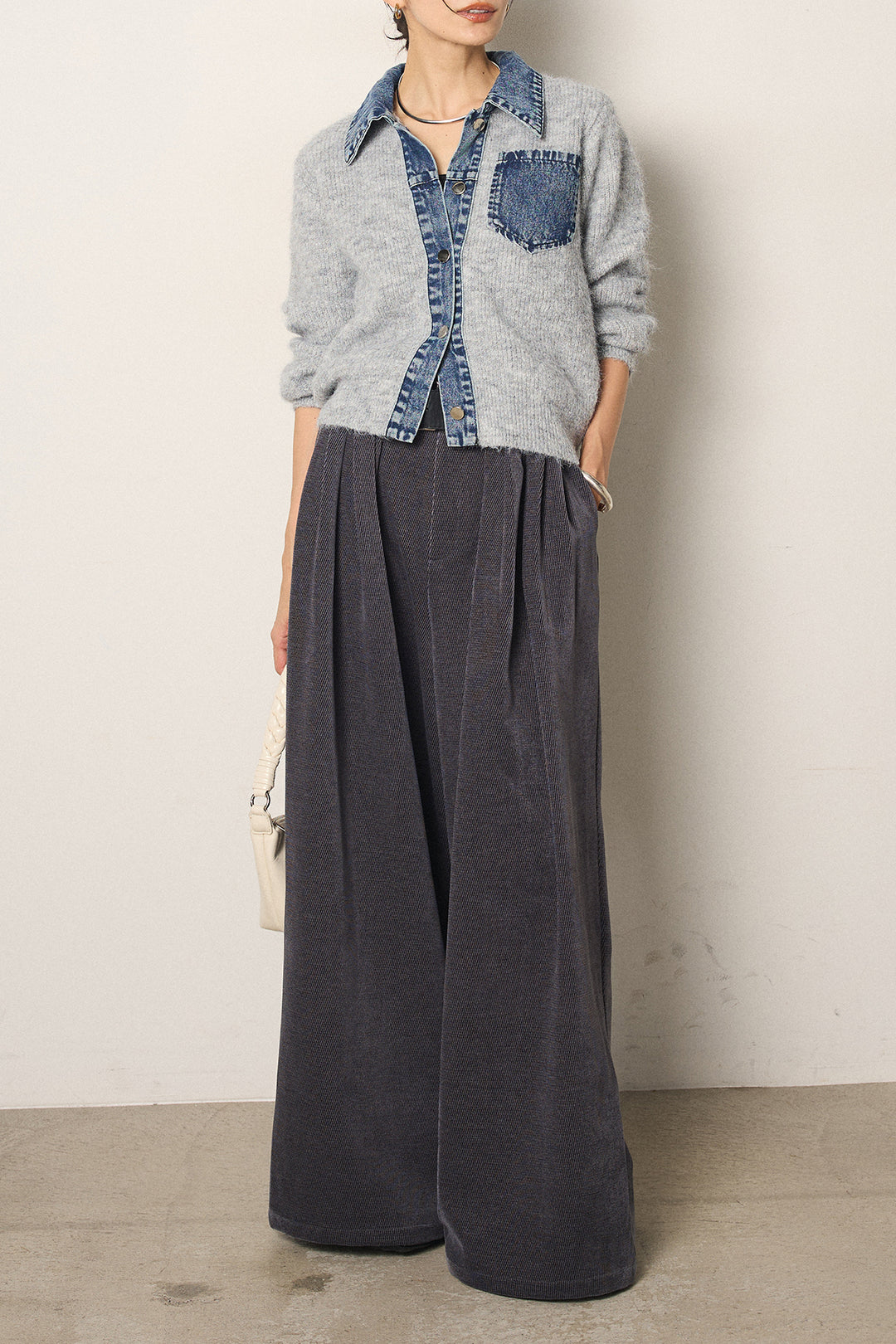 [SET]襟付きデニム切替ニットカーディガン+ベルトループコーデュロイワイドパンツ(2set)
